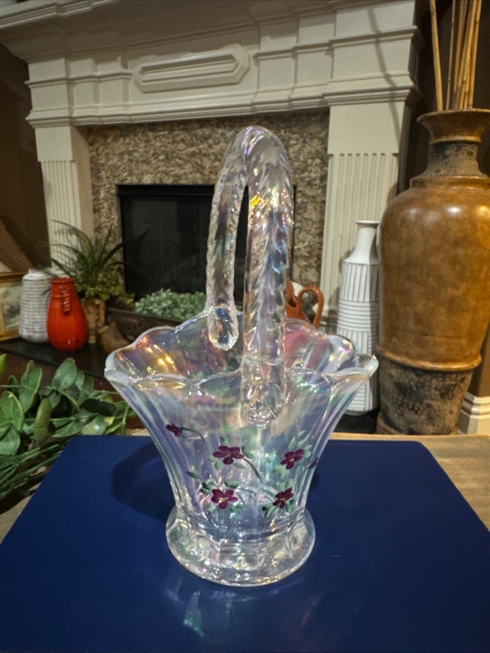 VTG HAND PAINTED IRIDESCENT GLASS BASKET  BLOSSOM FLORAL  MOSSER GLASS